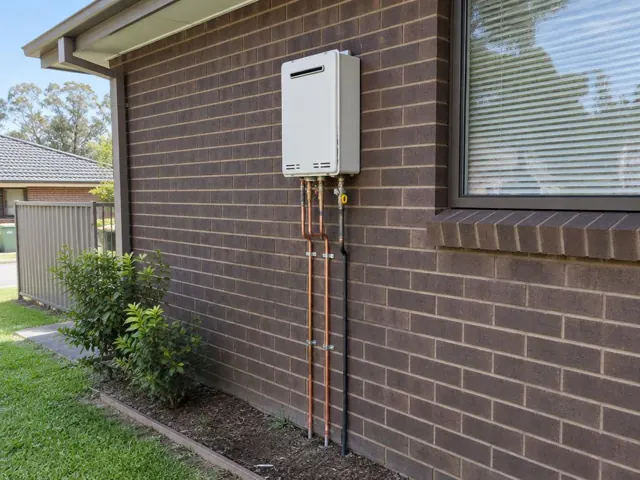 Wall-mounted hot water unit on a brick house exterior with copper pipework and a window in Heatherbrae