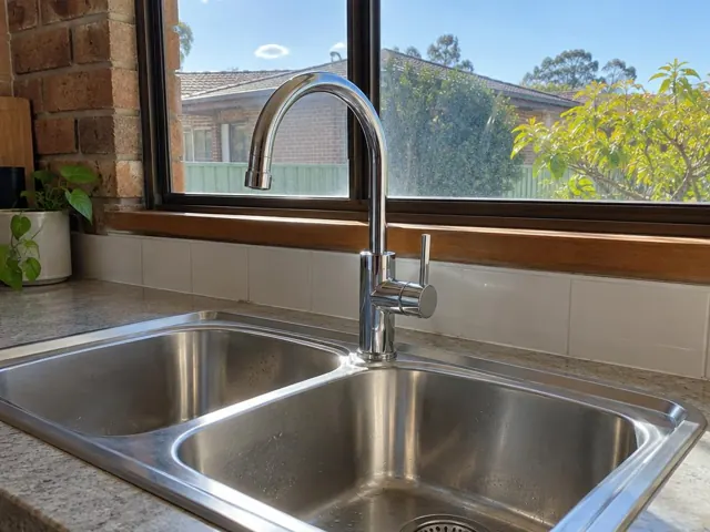 Chrome kitchen mixer tap over a double stainless sink by a tiled window in a home kitchen in Tarro